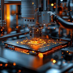 A close-up of a high-tech machine engraving a circuit board with glowing sparks.