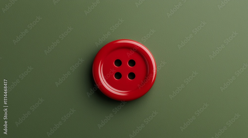 Poster a vibrant red button with four holes centered on a textured green background.