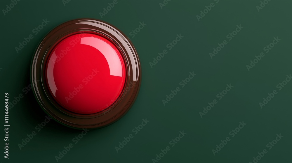 Aufkleber a glossy red button set against a dark green background, creating a striking visual contrast.