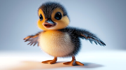 Fototapeta premium A cute baby duck with a black beak and yellow feathers