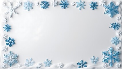 Create an image featuring a winter-themed decorative arrangement. The composition is an oval frame formed by an assortment of snowflakes against a soft, white background