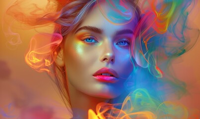 Fototapeta premium A woman with a colorful smokey eye and a bright blue eye shadow