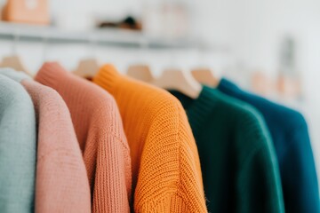 Fototapeta premium Colorful sweaters hanging in a shop.