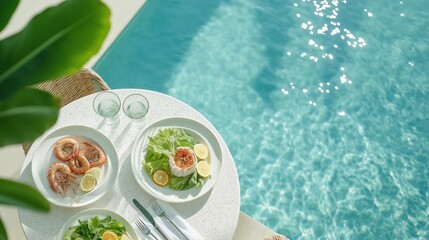 Poolside lunch: shrimp, salad, and sunshine.