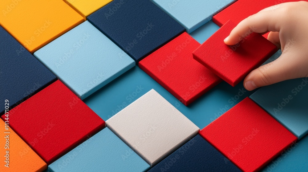 Poster a hand places a red square tile onto a colorful grid of tiles, showcasing vibrant colors and pattern