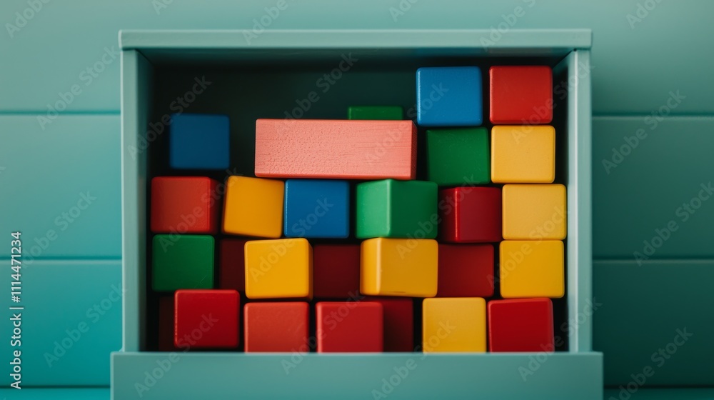 Aufkleber a colorful assortment of building blocks neatly arranged in a teal box, showcasing various shapes an