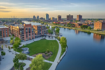 Obraz premium a city view from the water with a city in the background. Generative AI