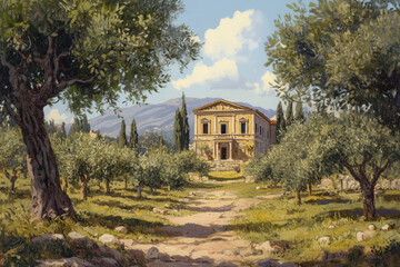 Obraz premium Ancient Greek Temple in Olive Grove