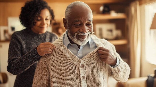 A man is getting dressed with a woman