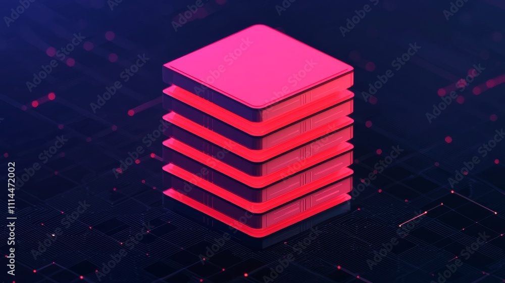 Poster a digital illustration of layered data stacks in vibrant pink against a dark background, symbolizing