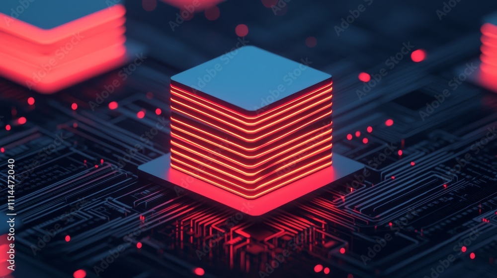 Poster a futuristic representation of a computer chip with glowing red accents, highlighting the intricate 