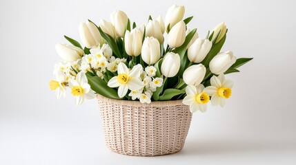 Elegant White Tulips and Daffodils Arrangement in a Stylish Woven Basket for Brightening Homes and Celebrating Special Occasions, Ideal for Spring Decor and Gift Giving
