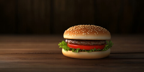 Classic Hamburger with Fresh Ingredients on Wooden Table