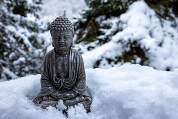 Serene Buddha Statue in Snowy Forest Setting