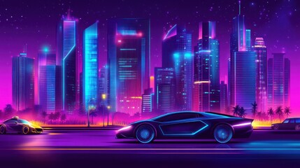 Fototapeta premium Illustration Retro-futuristic car driving through neon-lit city Synthwave shades Purple and blue palette. Ai generated image