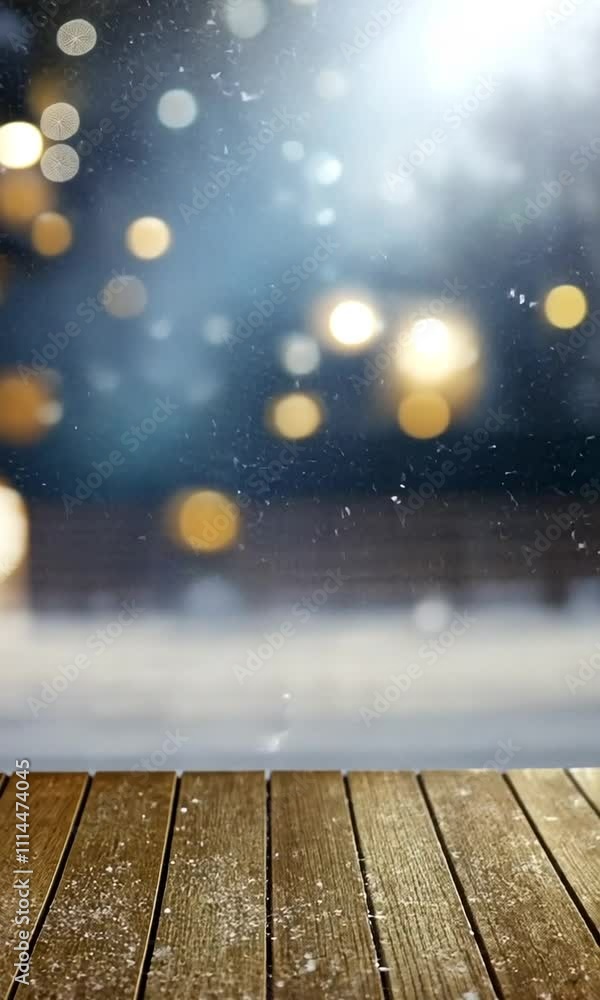 Poster a beautiful display of golden particles dances above a rustic wooden surface, creating an enchanting