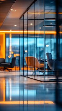 A modern IT office space with a blurred background, glass surfaces visible through the LED strips