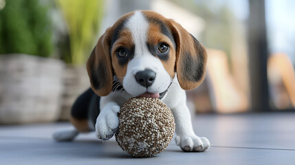 A cute beagle puppy is playing with a ball