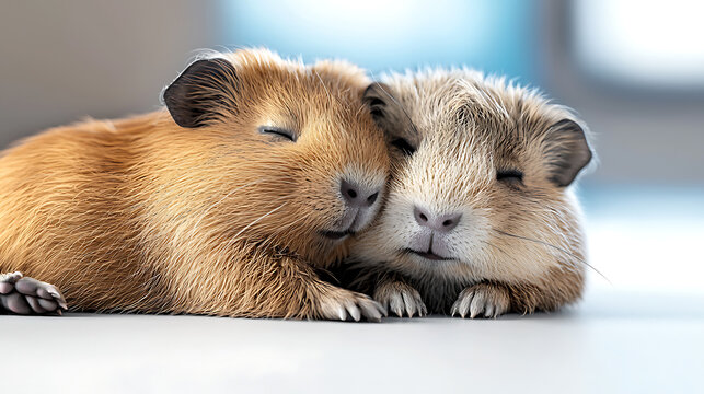 Two small brown and white guinea pigs are sleeping together