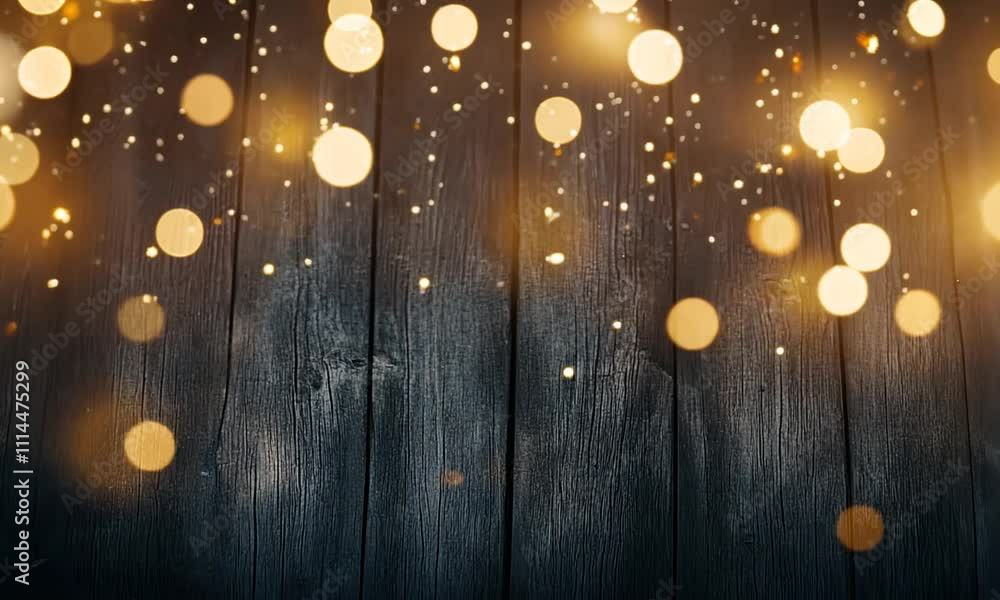 Poster golden bokeh lights twinkle softly over a rustic wooden surface, creating a mesmerizing and warm atm