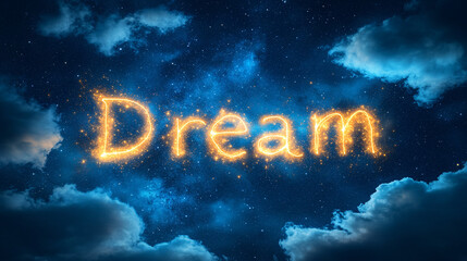 A glowing text "Dream" sparkles against a starry night sky, surrounded by soft clouds, evoking a sense of wonder and aspiration.