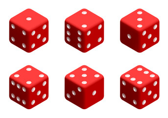 Red dice with white dots. Vector set isolated on white background. 3d dice.