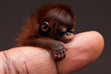 A peaceful miniature baby orangutan sleeping on a human finger, with detailed fur and soft lighting creating a serene and lifelike moment.
