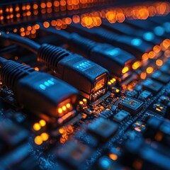 A close-up of network cables and circuitry, glowing with orange and blue lights.