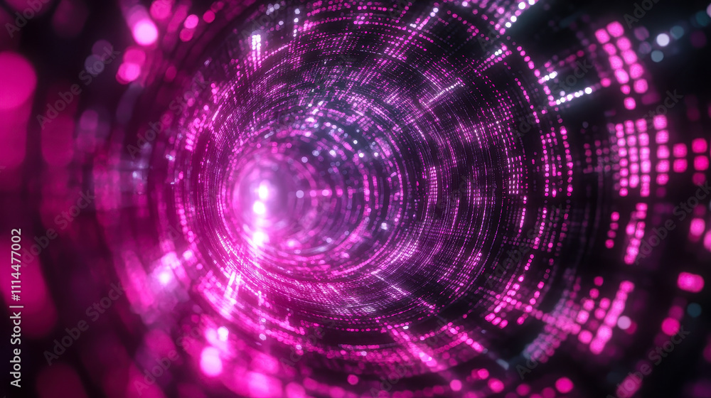 Poster vibrant pink binary code flow through matrix tunnel gateway in digital space