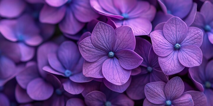 A dense cluster of purple hydrangea flowers showcasing their intricate petal structures and textures.