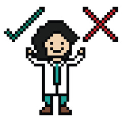 Obraz premium Cute pixel cartoon 8bit character woman doctor or scientist game care for decoration pharmacist female doctor lady uniform in hospital 8 bit pixel art png vector.