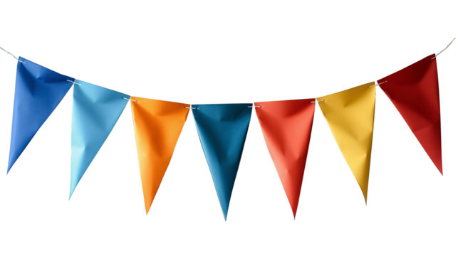 PNG cut out isolated background. A vibrant string of triangular flags in red, blue, yellow, and orange, arranged in an alternating pattern.
