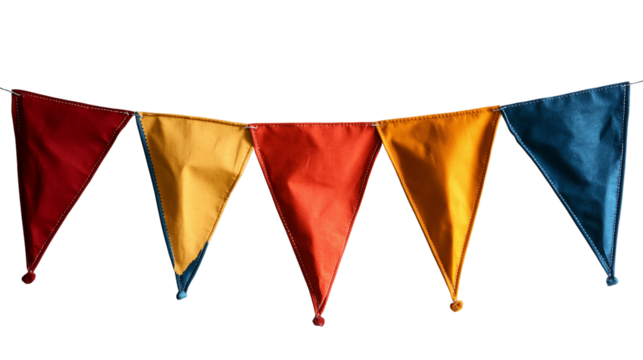  PNG cut out isolated background. A vibrant string of triangular fabric flags in bold shades of orange, blue, yellow, and red. 