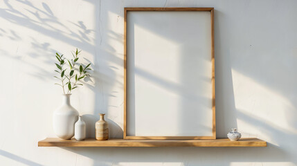 Neutral Wooden Frame Mockup. Blank photo frame on a brown floating shelf.