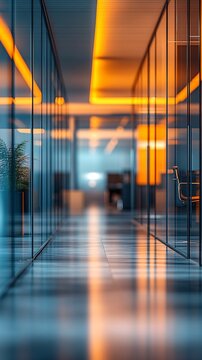 A modern IT office space with a blurred background, glass surfaces visible through the LED strips