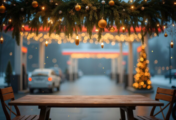 Christmas Eve evening background at gas station with empty wooden table and holiday decor