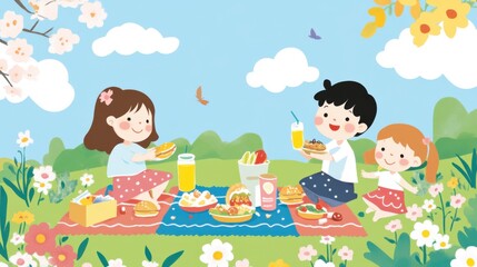 Obraz premium Family enjoying a picnic in a vibrant green park during a sunny day