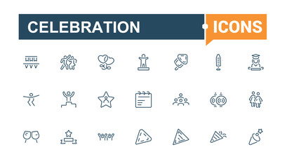 Celebration line icon collections. Includes thin line birthday, d, surprise, fireworks, happy and more. Thin linear style icons. Editable vector stroke.