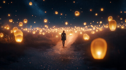 Obraz premium A lone traveler walking down a glowing path surrounded by luminous lanterns