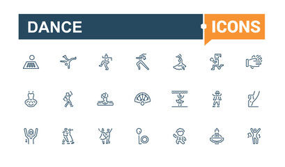 Dance icon set. Contains related to background, disco, happy, break, class and more. Minimalistic web and UI icons. Editable stroke.