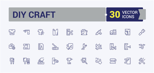 DIY Craft linear icon collection. Includes thin line art, house, tool, saw, spanner, repair, building and more. Isolated icons design. Editable stroke. Vector illustration.