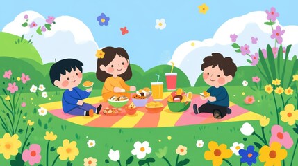 Obraz premium Children enjoy a sunny picnic on a colorful blanket surrounded by blooming flowers and green hills