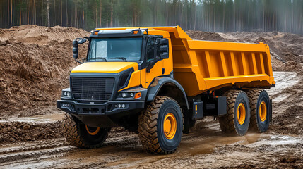 Obraz premium A large orange dump truck moving along a muddy road in a mountainous area. The power of technology against the background of harsh but beautiful nature.