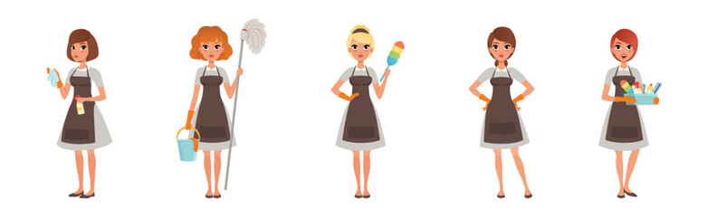 Happy Woman Housekeeper and Housewife in Apron Vector Set