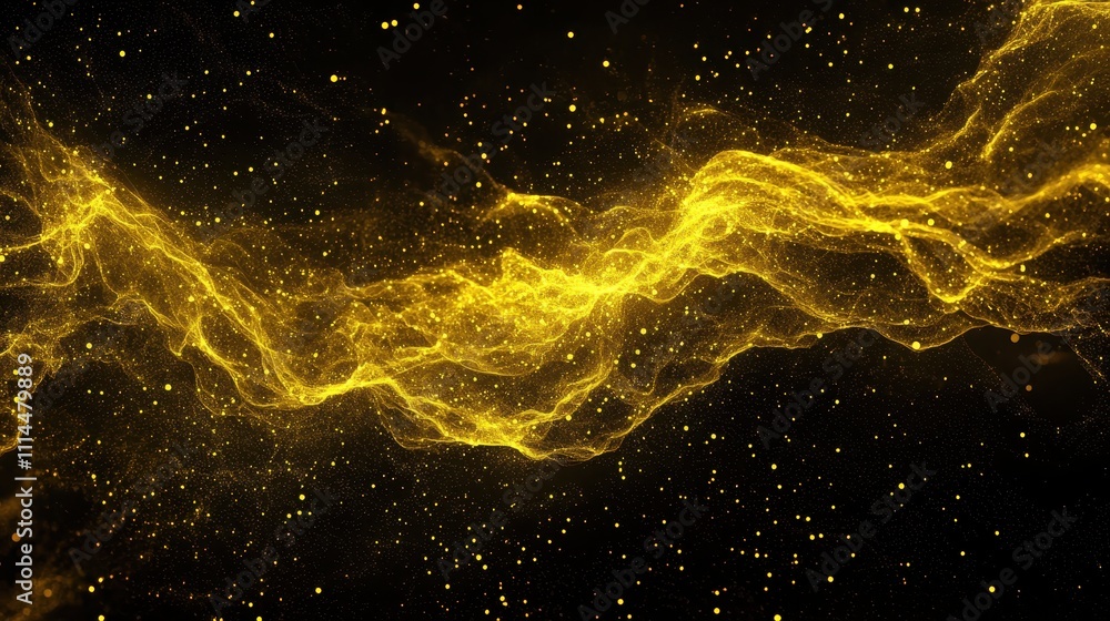 Poster vibrant neon abstract design with smooth flowing lines and sparkling particles in dark background