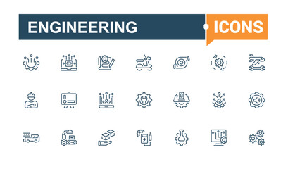 Engineering icon set. Includes thin line set, isolated, graphic, machinery, line and more. Outline symbol collection. Vector illustration.