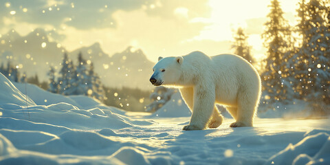 Polar bear walking in the snow with a forest in the background