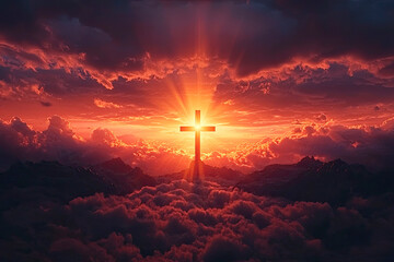 Obraz premium Jesus Christ cross. Easter, resurrection concept. Cross of Jesus Christ nailed to the mountain with the light of sunrise in the background