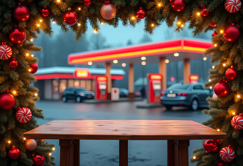 Festive New Year's Eve background overlooking the street with an empty wooden table decorated with branches, lights and Christmas decorations