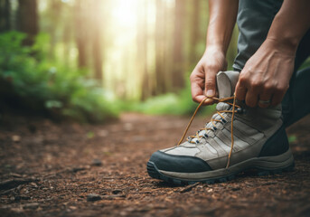 Hiker tying hiking boots on a forest trail, preparing for adventure in nature